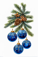 Christmas Ornament and Pine Cones Watercolor Illustration
