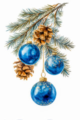 Christmas Ornament and Pine Cones Watercolor Illustration
