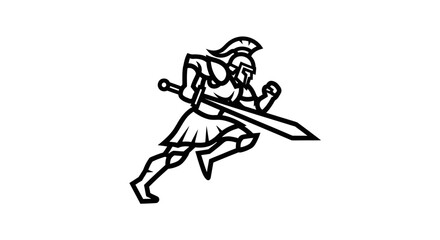 running spartan warrior, gladiator, sword, ancient greece, line art, black and white illustration