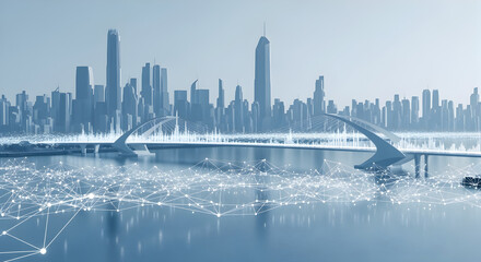 Obraz premium Abstract Monochrome Cityscape Featuring Modern Architecture and Intricate Bridge Design with Speckled Water Reflection