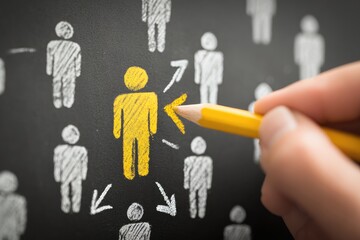 Hand drawing a highlighted person in a group of people on a chalkboard
