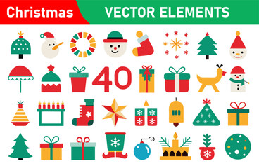 Fototapeta premium Festive Christmas Vector Elements Set with Trees Gifts Snowmen and Decorations