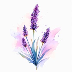 Fototapeta premium A sprig of lavender, painted in watercolor, with a gradient of colors. Leaves of cold shades, purple inflorescences. A scattered pastel spot in the background. Watercolor composition in a floral style