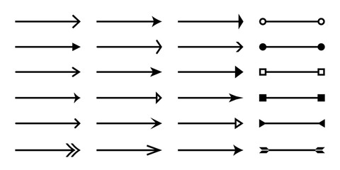 Long arrow vector set. Straight line arrow shape elements for direction in different style including divider and separator.