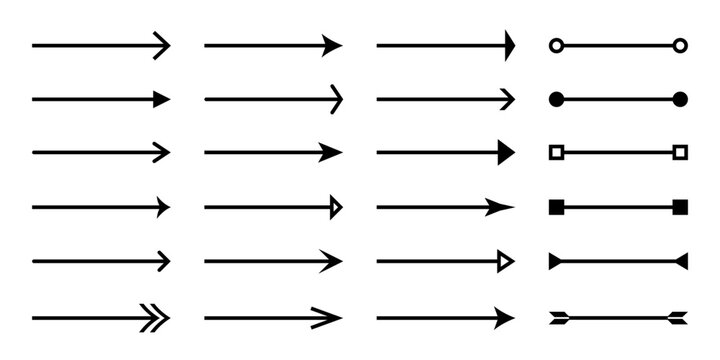 Long arrow vector set. Straight line arrow shape elements for direction in different style including divider and separator.