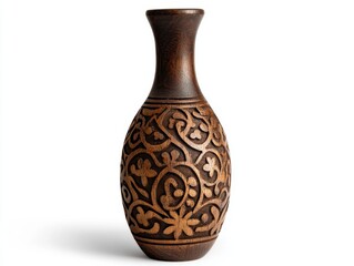 Intricately Carved Wooden Vase Featuring Elegant Floral Patterns and Smooth Curves, Perfect for Home Decor or Artistic Display. png, isolated on white background