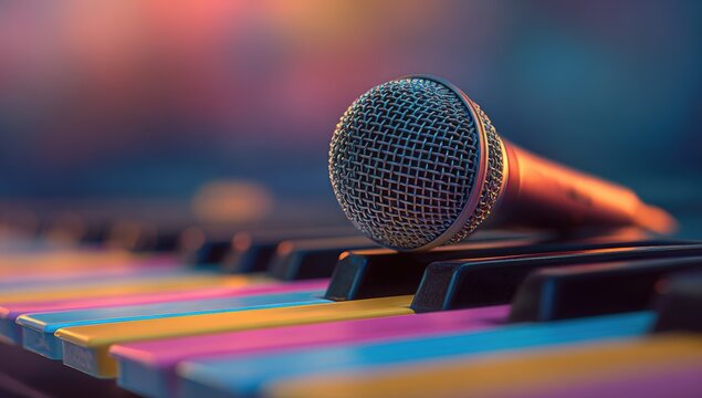 Close-up of microphone on colorful piano keys