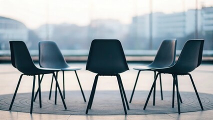 Five chairs arranged in a circle — symbolizing open dialogue and shared perspectives