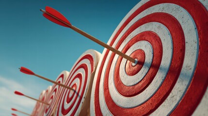 Four red arrows hitting target center for success International Sports Day.