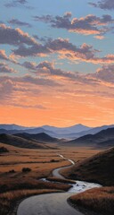 Naklejka premium Winding road through a golden valley at sunset