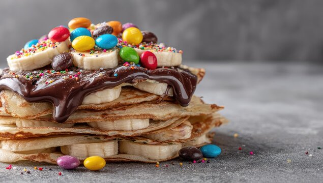 Stacked pancakes topped with chocolate sauce, banana slices, and colorful candies - Powered by Adobe