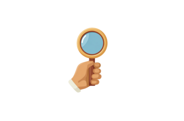 Hand holding a magnifying glass for searching isolated on transparent background