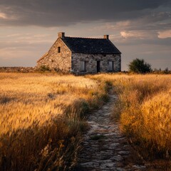 Rustic stone cottage in golden wheat field (2)