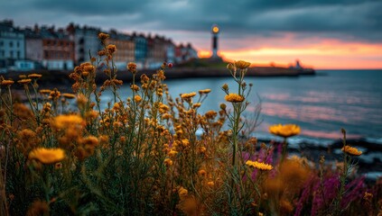 Coastal sunset over colorful buildings, with vibrant yellow flowers foreground