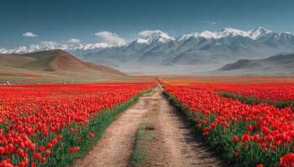 Naklejka premium A path through a vibrant red tulip field, leading to snow-capped mountains