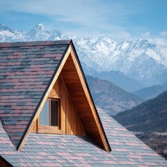 Gable roof with a window, overlooking snowy mountains