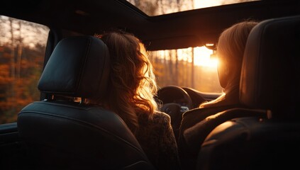 Two women driving a car at sunset