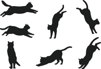 Black cat silhouettes, leaping, crouching, standing, climbing, stretching, dynamic feline poses, pet illustration, animal movement, vector art, white background