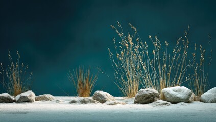 Dry grasses and stones on a snow-like surface against a teal background