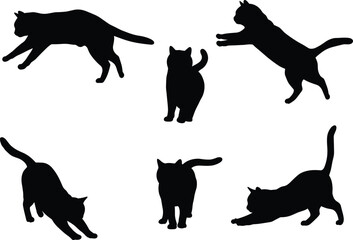 Black cat silhouettes, jumping, leaping, crouching, stretching, elegant feline poses, pet illustration, animal movement, playful posture, vector art, white background