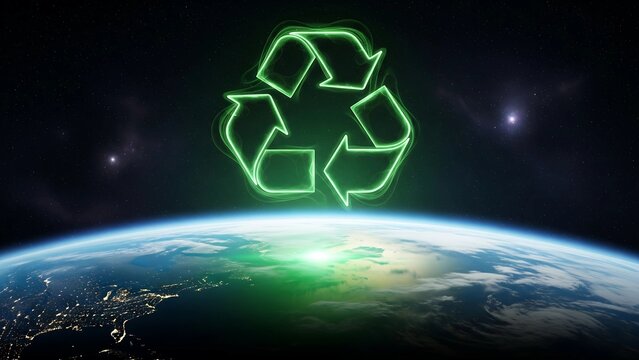 A futuristic conceptual image showing a glowing green recycling symbol floating above Earth in dark space, symbolizing global sustainability and environmental awareness.