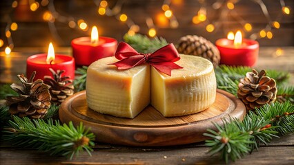 Festive Christmas Cheese Wheel with Candles and Pine Cones on Wooden Table