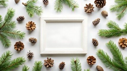 Blank White Frame Surrounded by Pine Branches and Cones on a White Background