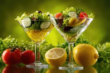 Two martini glasses filled with fresh salad, garnished with lemon and tomatoes, on a reflective surface