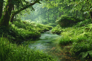 Serene forest stream flowing through lush green vegetation a misty tranquil scene