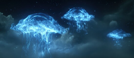 Floating, luminous jellyfish against a night sky filled with clouds