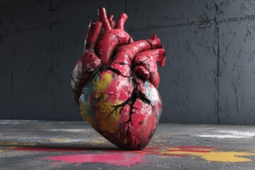 Cracked heart, painted with vibrant colors, sits on a concrete floor