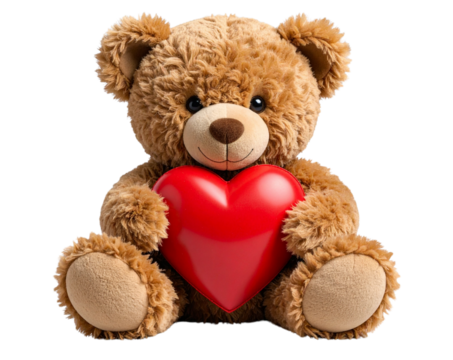  Realistic Teddy Bear Holding Red Heart, front view, isolated on transparent background
