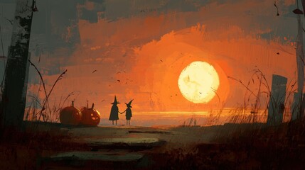 Naklejka premium Two witches view sunset near a pumpkin.