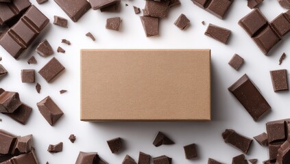 Empty kraft box surrounded by chocolate pieces