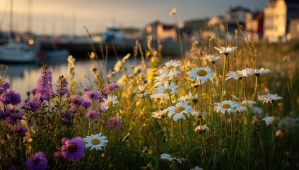 Coastal flowers bathed in golden light