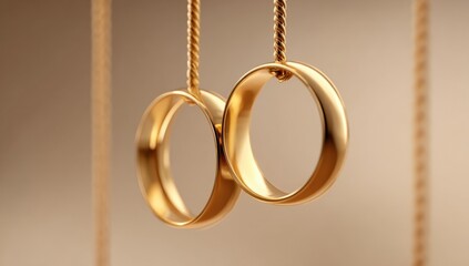 Two gold rings hanging from cords