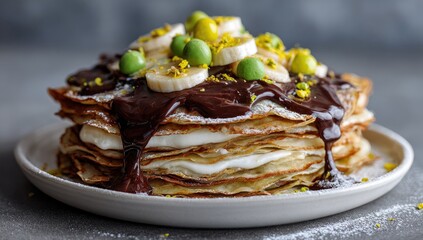 Stacked crepe cake, drizzled with chocolate, topped with bananas, pistachios, and candies