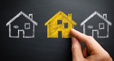 Hand selecting a house drawing on a chalkboard