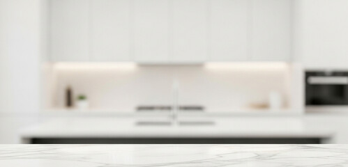 A bright kitchen features white cabinets and countertops with a black appliance, highlighted by reflective textures, clean arrangement, and a welcoming domestic atmosphere.