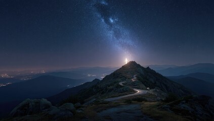 Mountain peak under starry night sky with milky way