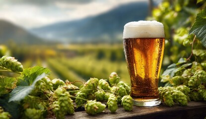 Glass of light amber beer with frothy head, surrounded by fresh green hops and a scenic mountain backdrop