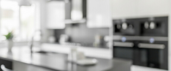 Blurred kitchen interior with island, cabinets, and appliances in a modern style, reflecting bright light, minimalistic design, and a functional domestic atmosphere.