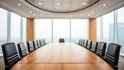 Bright oval boardroom with wooden conference table — prepared for professional discussions