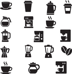 Brown Coffee Silhouette Icon Set – Cups, Beans, Paper Glasses, and Classic Brewing Tools for Café Menus and Beverage Design & for  Café Branding and Coffee Day Design