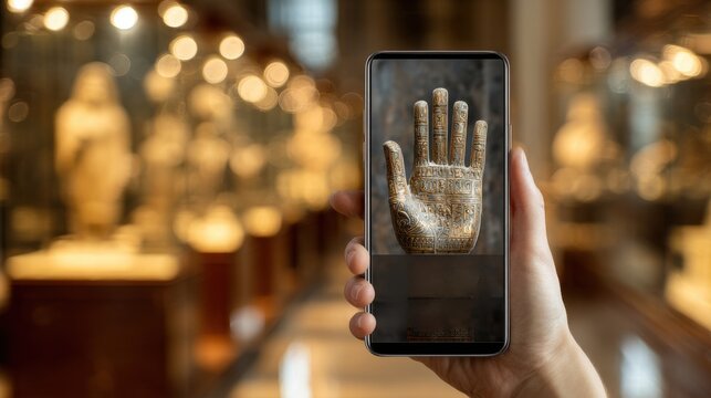 A visitor at an art museum captures an image of a detailed hand sculpture with inscriptions. The museum features other artifacts in the background, showcasing an intriguing cultural collection.