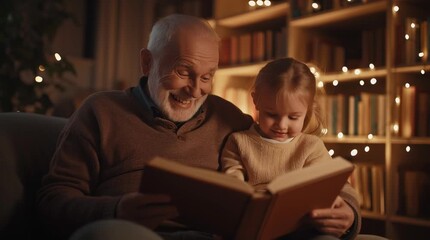 Grandfather reading book to granddaughter at home - Powered by Adobe