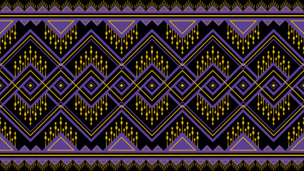 Seamless ethnic and tribal pattern in purple and gold on black background for your textiles.