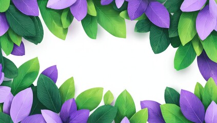 Floral frame of vibrant purple and green leaves on white background