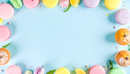 Sweet Easter Celebration Frame with Colorful Macarons and Tulips.