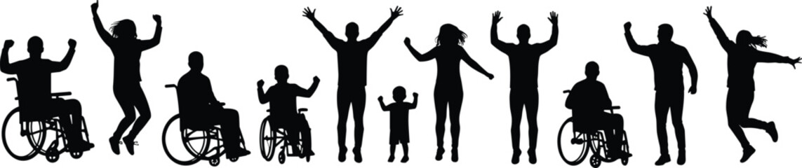 Inclusive family silhouette, people with disabilities, wheelchair users, jumping and celebrating together, diversity, unity, happy moments, community support, joy and togetherness.